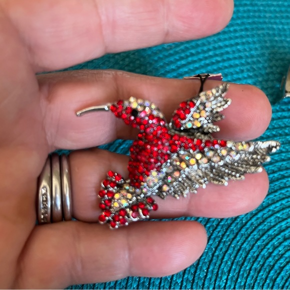 Rare! NWT Betsey Johnson Red Silver Rhinestone Hummingbird or Pendant - Picture 3 of 9